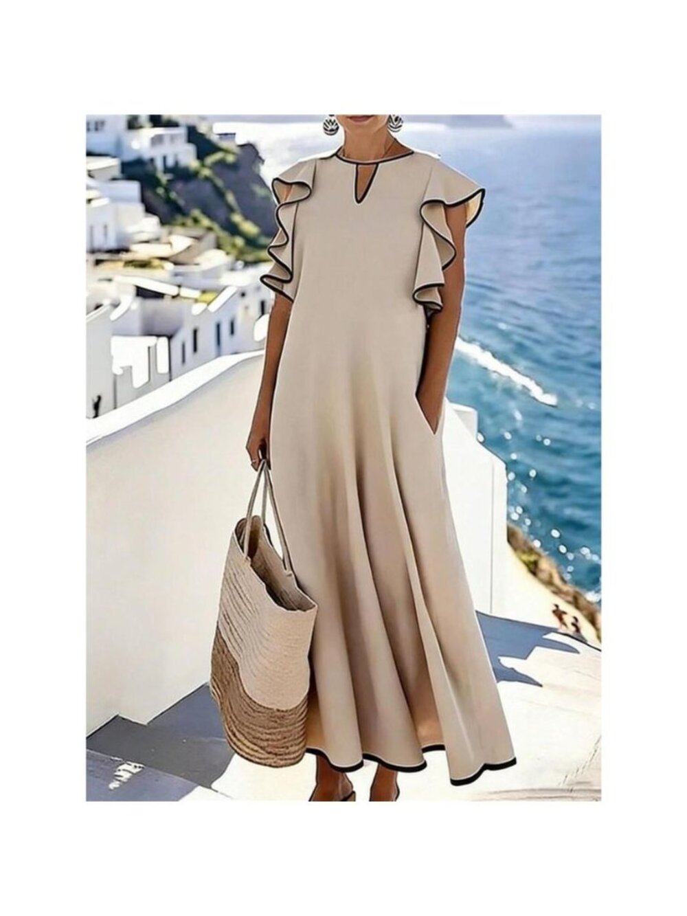Ruffle Trim Notched Midi Dress